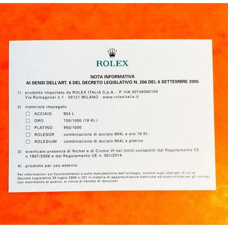 Rolex INFORMATIVE NOTE paper document Italian...