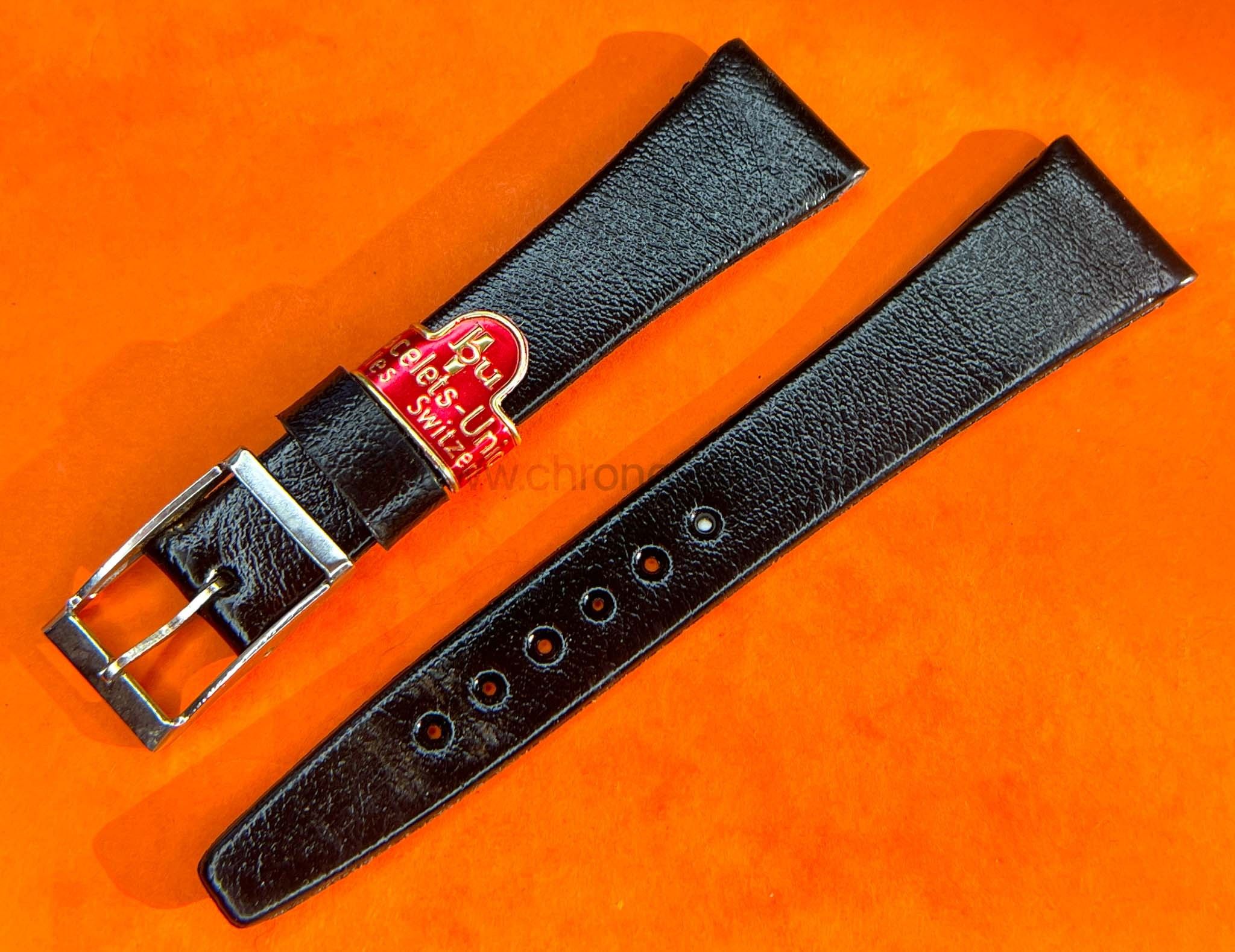 VINTAGE 70's LEATHER BLACK COLOR STYLE SIMILI WATCH STRAP UNION CORCELLES SWITZERLAND