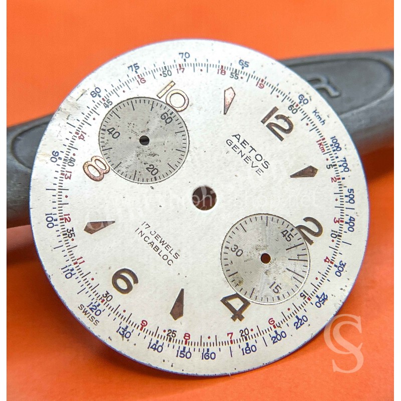 AETOS Genève 34mm 60's Watch dial part silver color incabloc chronograph calibre Valjoux 7733 vintages sports watches
