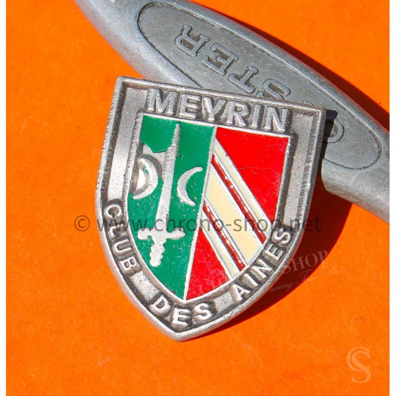 Switzerland original Vintage steel shield badge / brooch Meyrin 1975 Club des ainés Switzerland original Vintage steel shield badge / brooch Meyrin 1975 Club des ainés