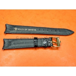 ROLEX ORIGINAL BRACELET MONTRE CUIR CROCODILE NOIR SIGNE ROLEX 17mm AVEC BOUCLE ARDILLON PLAQUE OR