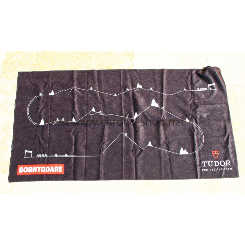 Tudor sports towel accessory in black viscose,featuring Tudor Pro Cycling Team branding
