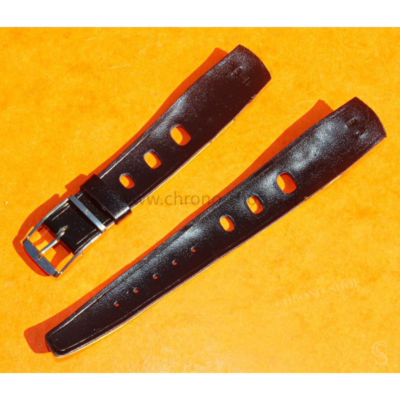 Vintage 24mm racing-style leather watch strap black color bracelet rallye perforations