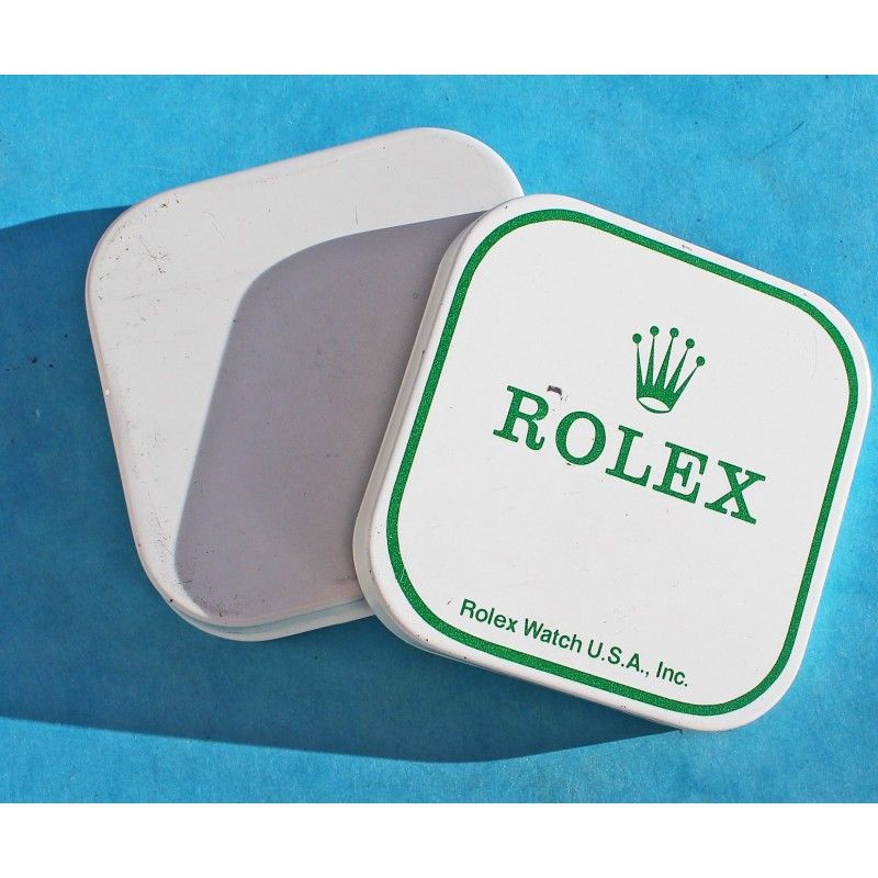 Vintage 50's Rolex Watch Part White & green Tin Box Display Metallic Container Rolex Watch USA Inc